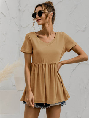 V-Neck Short Sleeve Babydoll Top-Teresa's Fashionista LLC