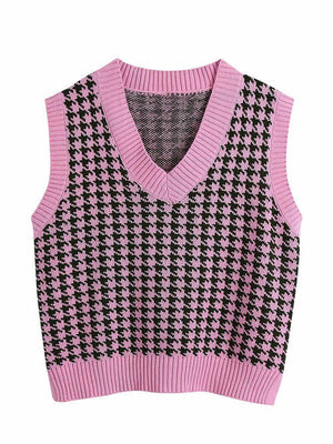 Houndstooth V-Neck Sweater Vet-Teresa's Fashionista LLC
