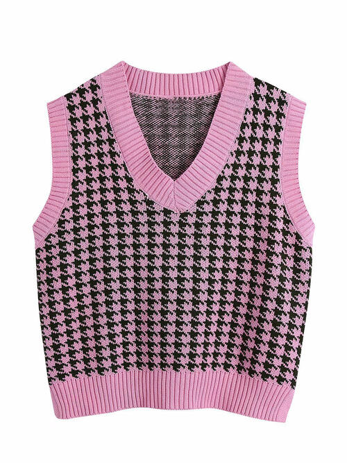 Houndstooth V-Neck Sweater Vet-Teresa&#39;s Fashionista LLC