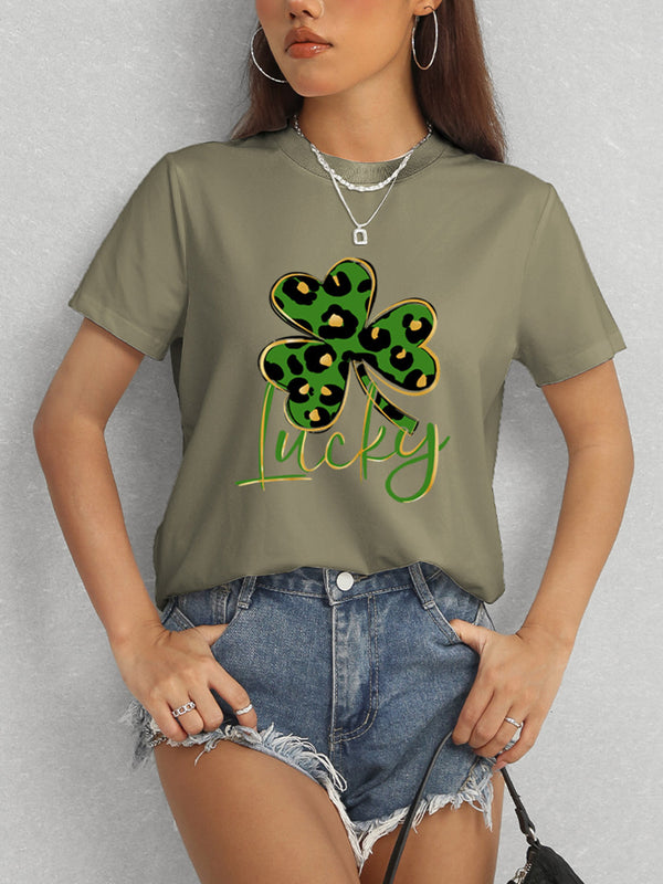 Lucky Clover Round Neck Short Sleeve T-Shirt-Teresa's Fashionista LLC