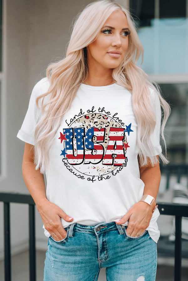 USA Graphic Round Neck Tee with patriotic design, casual style, short sleeves, and slightly stretchy fabric.