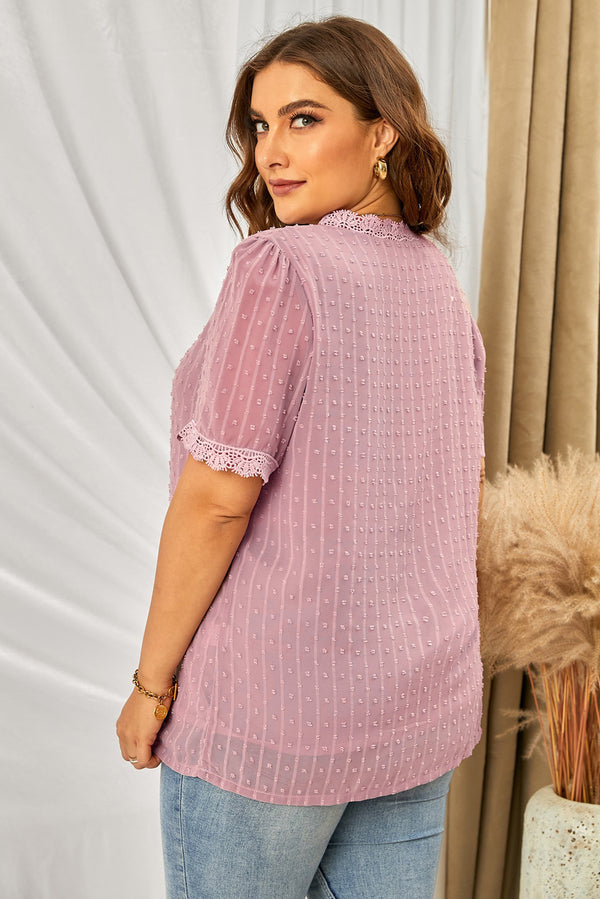 Plus Size Swiss Dot Spliced Lace V-Neck Blouse-Teresa's Fashionista LLC