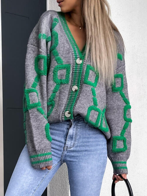 Geometric Dropped Shoulder Button Down Cardigan-Teresa's Fashionista LLC