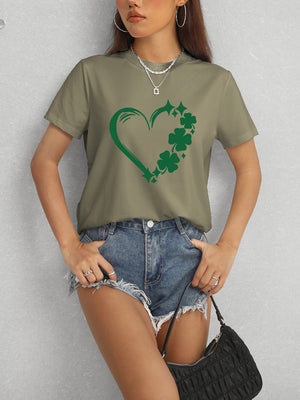 Heart Lucky Clover Round Neck Short Sleeve T-Shirt-Teresa's Fashionista LLC