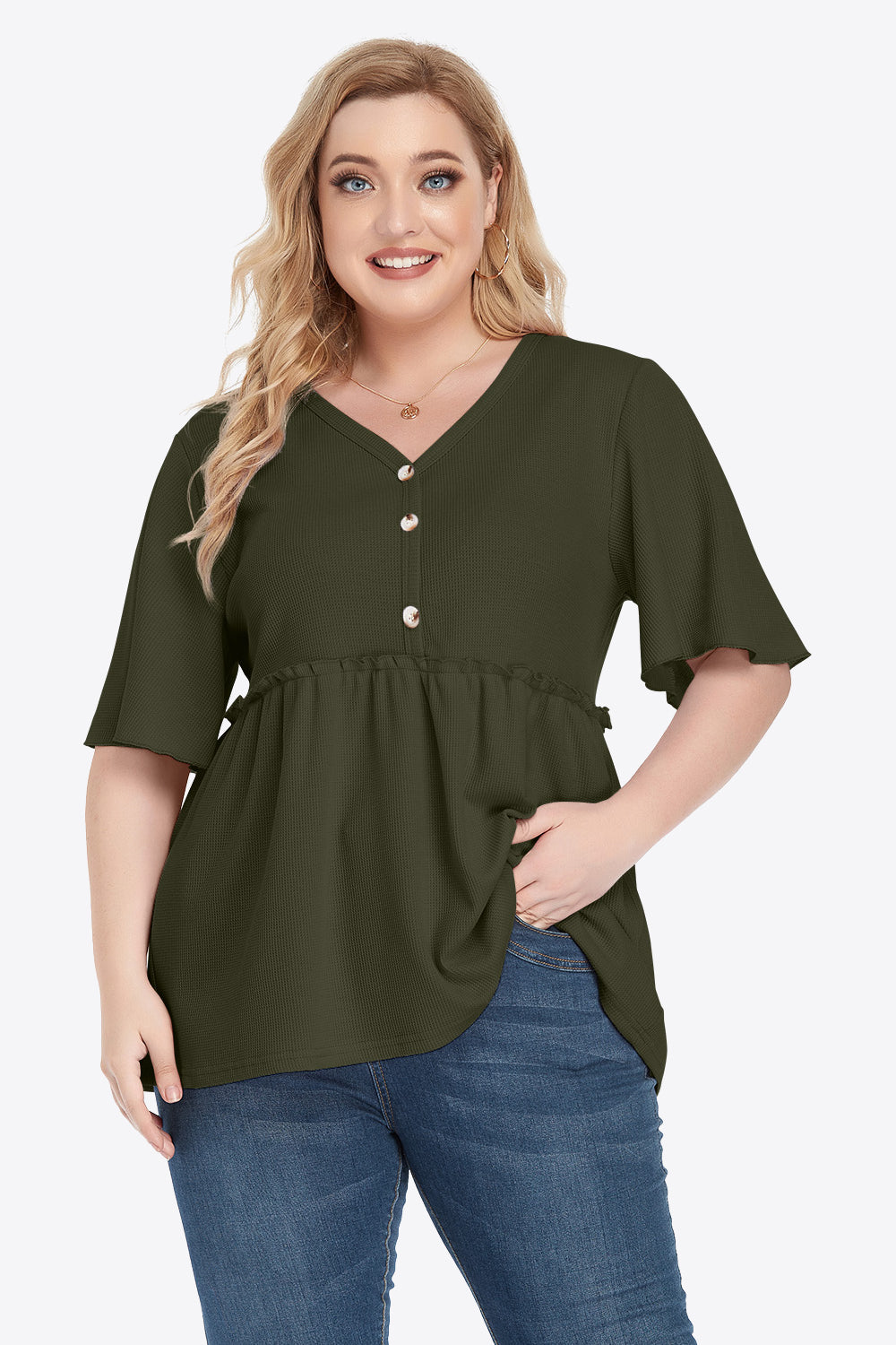 Plus Size Buttoned V-Neck Frill Trim Babydoll Blouse-Teresa&#39;s Fashionista LLC