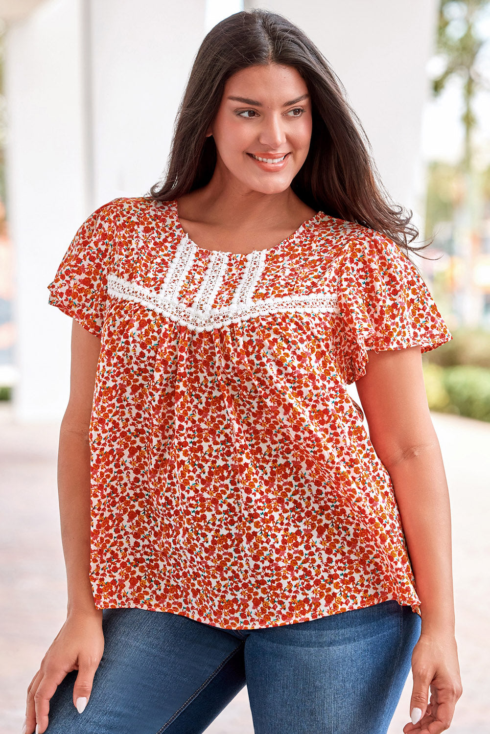 Plus Size Floral Lace Trim Round Neck Blouse-Teresa&#39;s Fashionista LLC