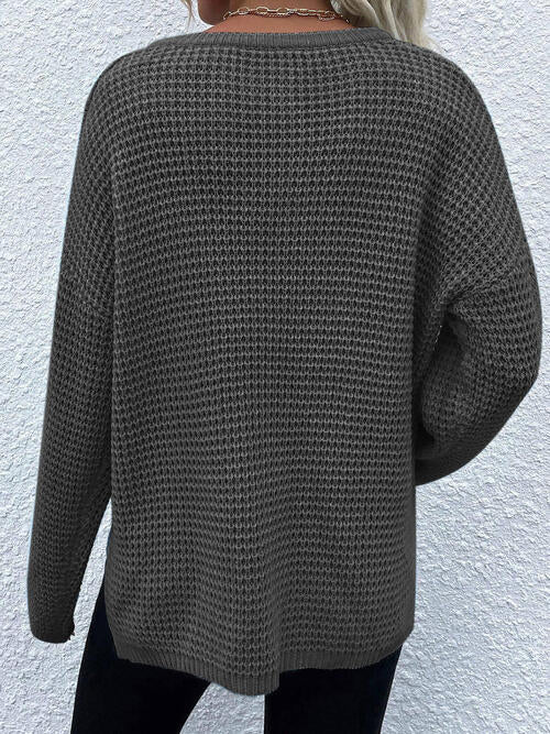Notched Long Sleeve Sweater-Teresa's Fashionista LLC