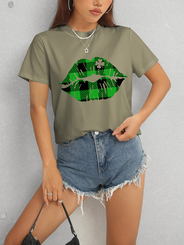 Plaid Lip Graphic Round Neck T-Shirt-Teresa's Fashionista LLC