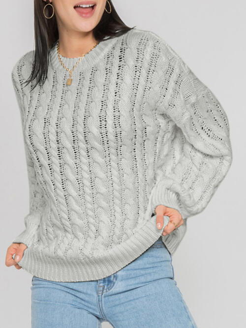 Openwork Round Sleeve Cable-Knit Sweater-Teresa's Fashionista LLC