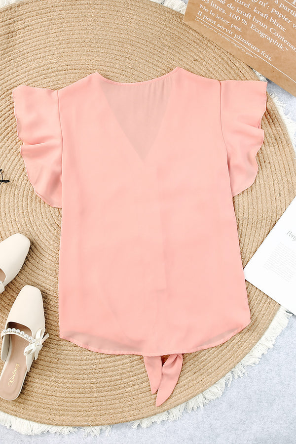 V-Neck Tie Hem Flutter Sleeve Blouse-Teresa's Fashionista LLC