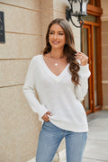Raglan Sleeve Ribbed Trim Plunge Knit Top-Teresa's Fashionista LLC