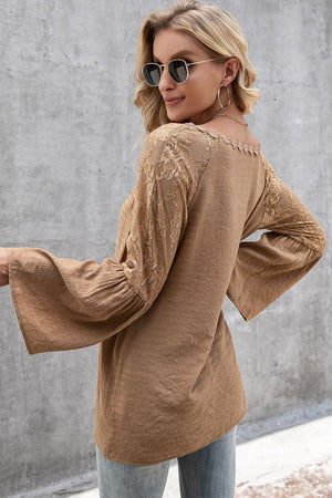 V-Neck Spliced Lace Flare Sleeve Top-Teresa's Fashionista LLC