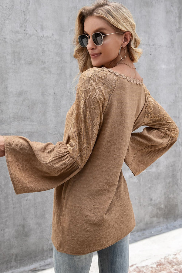 V-Neck Spliced Lace Flare Sleeve Top-Teresa's Fashionista LLC