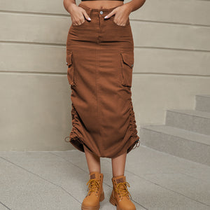 Drawstring Ruched Slit Denim Midi Skirt-Teresa's Fashionista LLC