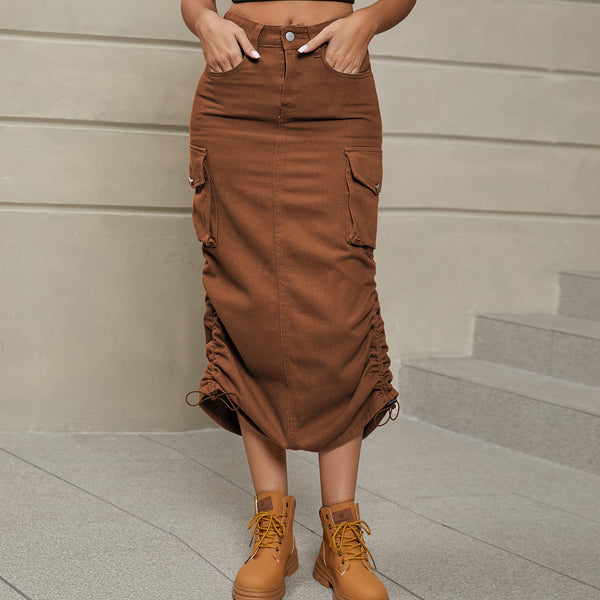 Drawstring Ruched Slit Denim Midi Skirt-Teresa's Fashionista LLC