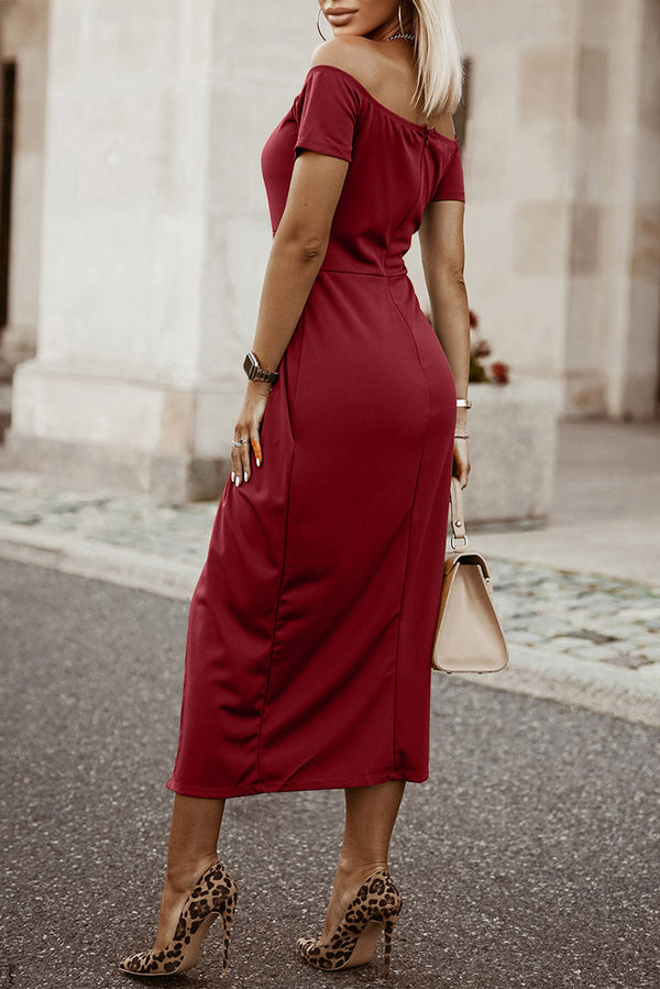Off-Shoulder Short Sleeve Split Dress-Teresa's Fashionista LLC