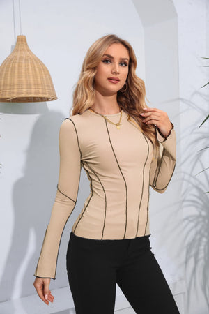 Ribbed Round Neck Long Sleeve Blouse-Teresa's Fashionista LLC
