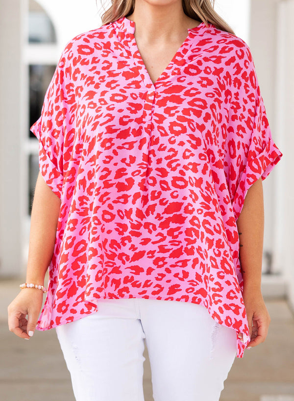 Plus Size Printed Notched Neck Half Sleeve Top-Teresa's Fashionista LLC