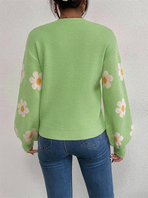 Flower Round Neck Latern Sleeve Sweater-Teresa's Fashionista LLC