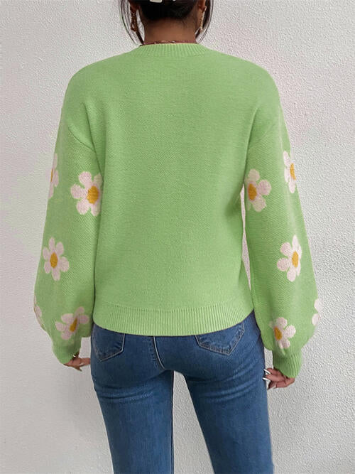 Flower Round Neck Latern Sleeve Sweater-Teresa&#39;s Fashionista LLC