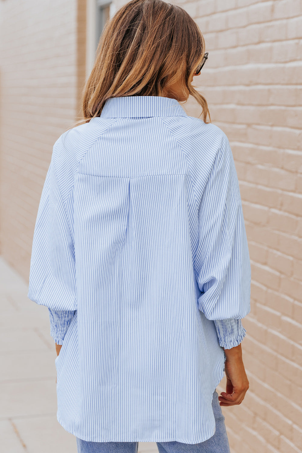 Striped Lantern Sleeve Collared Shirt-Teresa's Fashionista LLC