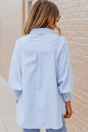 Striped Lantern Sleeve Collared Shirt-Teresa's Fashionista LLC