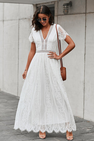 Scalloped Trim Lace Plunge Dress-Teresa's Fashionista LLC