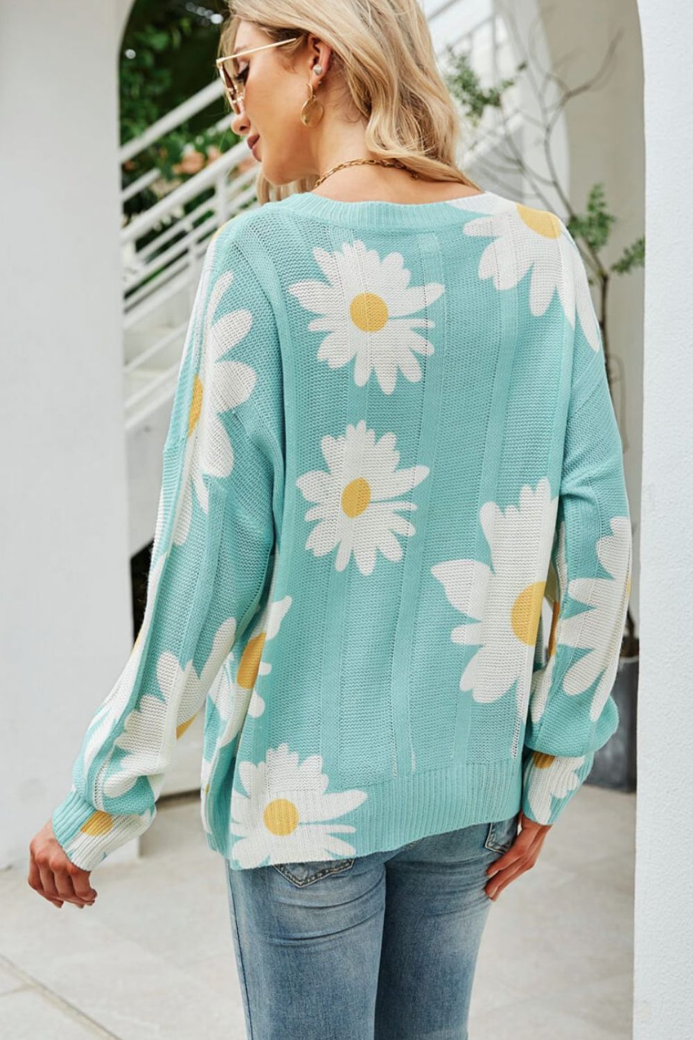 Daisy Print Openwork Round Neck Sweater-Teresa's Fashionista LLC