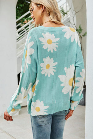 Daisy Print Openwork Round Neck Sweater-Teresa's Fashionista LLC