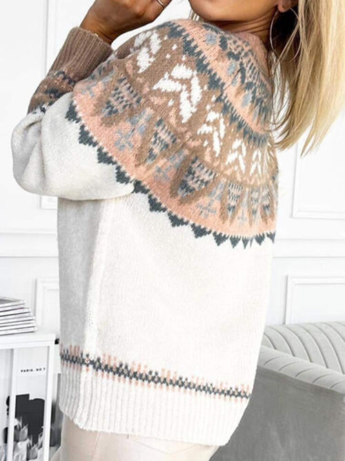 Geometric Round Neck Long Sleeve Sweater-Teresa&#39;s Fashionista LLC