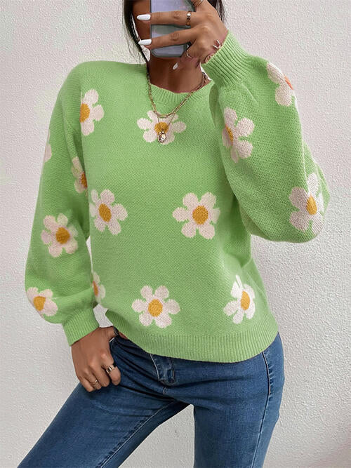 Flower Round Neck Latern Sleeve Sweater-Teresa&#39;s Fashionista LLC