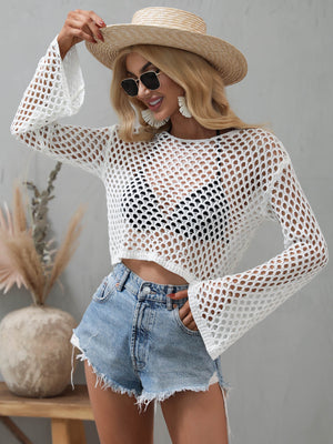 Openwork Flare Sleeve Cropped Cover Up-Teresa's Fashionista LLC