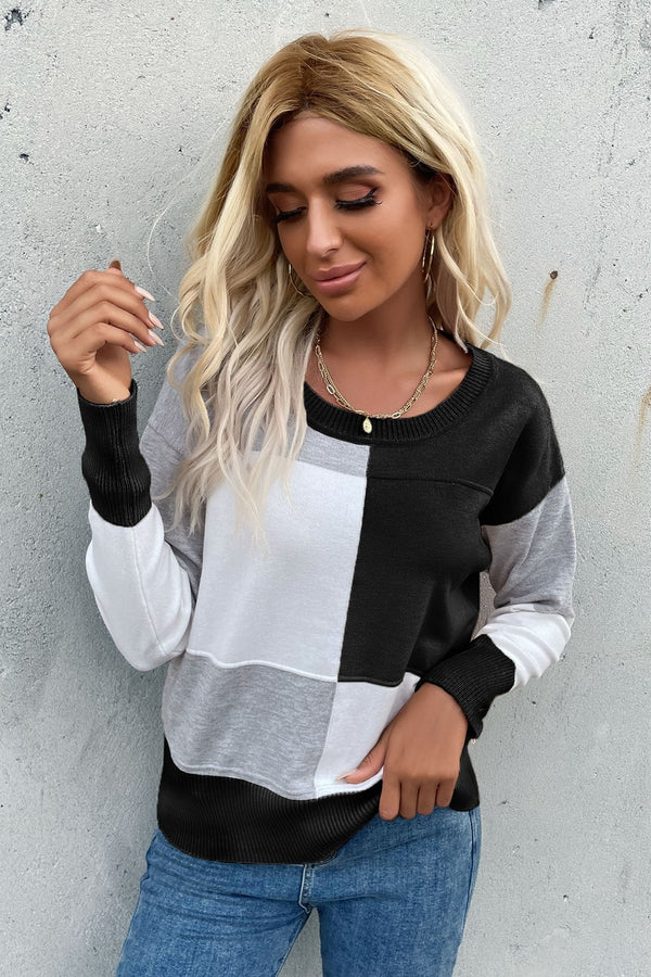 Color Block Ribbed Trim Round Neck Knit Pullover-Teresa's Fashionista LLC