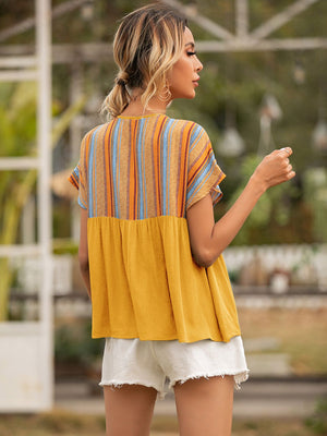 Striped Tie Neck Short Sleeve Blouse-Teresa's Fashionista LLC