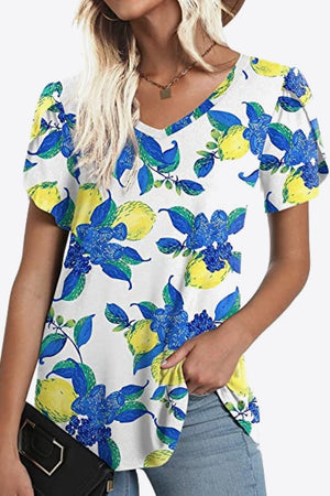 Printed Petal Sleeve V-Neck Blouse-Teresa's Fashionista LLC