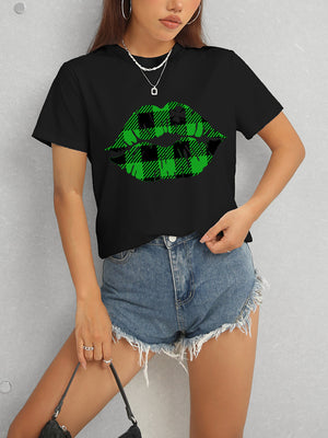 Plaid Lip Graphic Round Neck T-Shirt-Teresa's Fashionista LLC