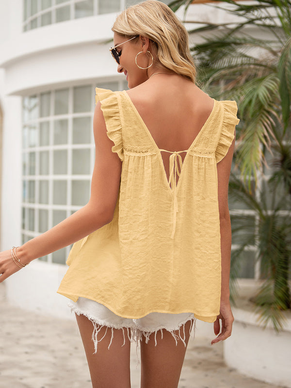 Tie Back V-Neck Ruffled Blouse-Teresa's Fashionista LLC