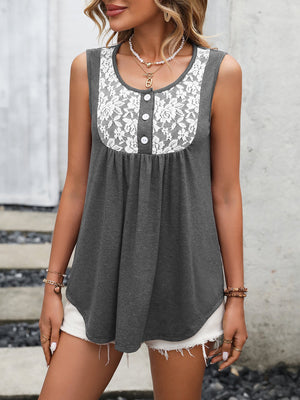 Lace Contrast Scoop Neck Tank-Teresa's Fashionista LLC