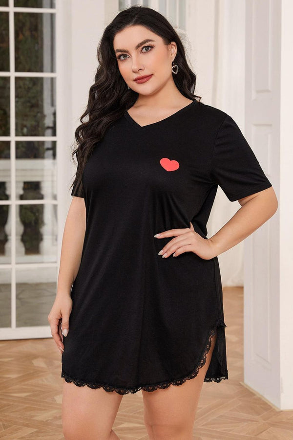 Plus Size Lace Trim V-Neck Short Sleeve Night Dress-Teresa's Fashionista LLC