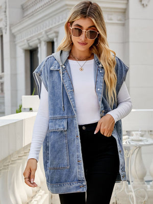 Hooded Sleeveless Denim Top with Pockets-Teresa's Fashionista LLC