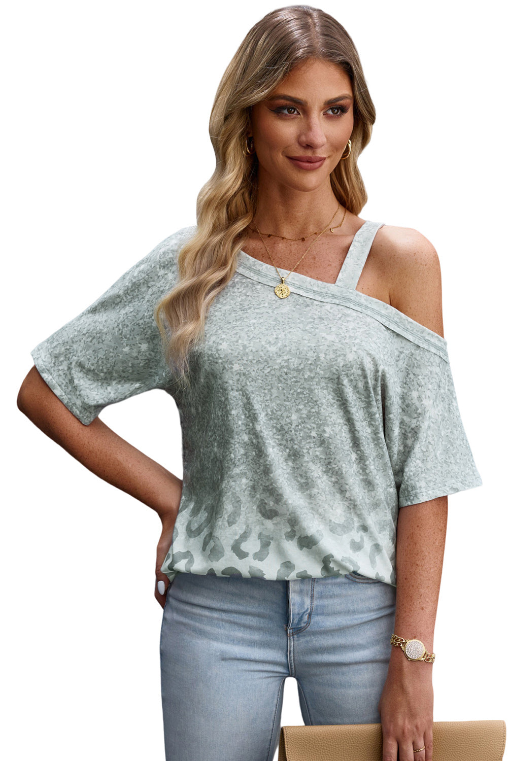Leopard Asymmetrical Neck Cold-Shoulder Blouse-Teresa&#39;s Fashionista LLC