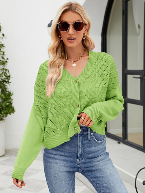 Eyelet Button Front Long Sleeve Cardigan-Teresa's Fashionista LLC