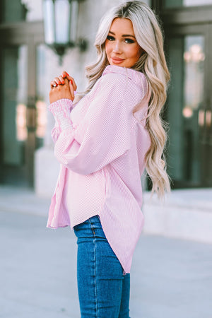 Striped Lantern Sleeve Collared Shirt-Teresa's Fashionista LLC