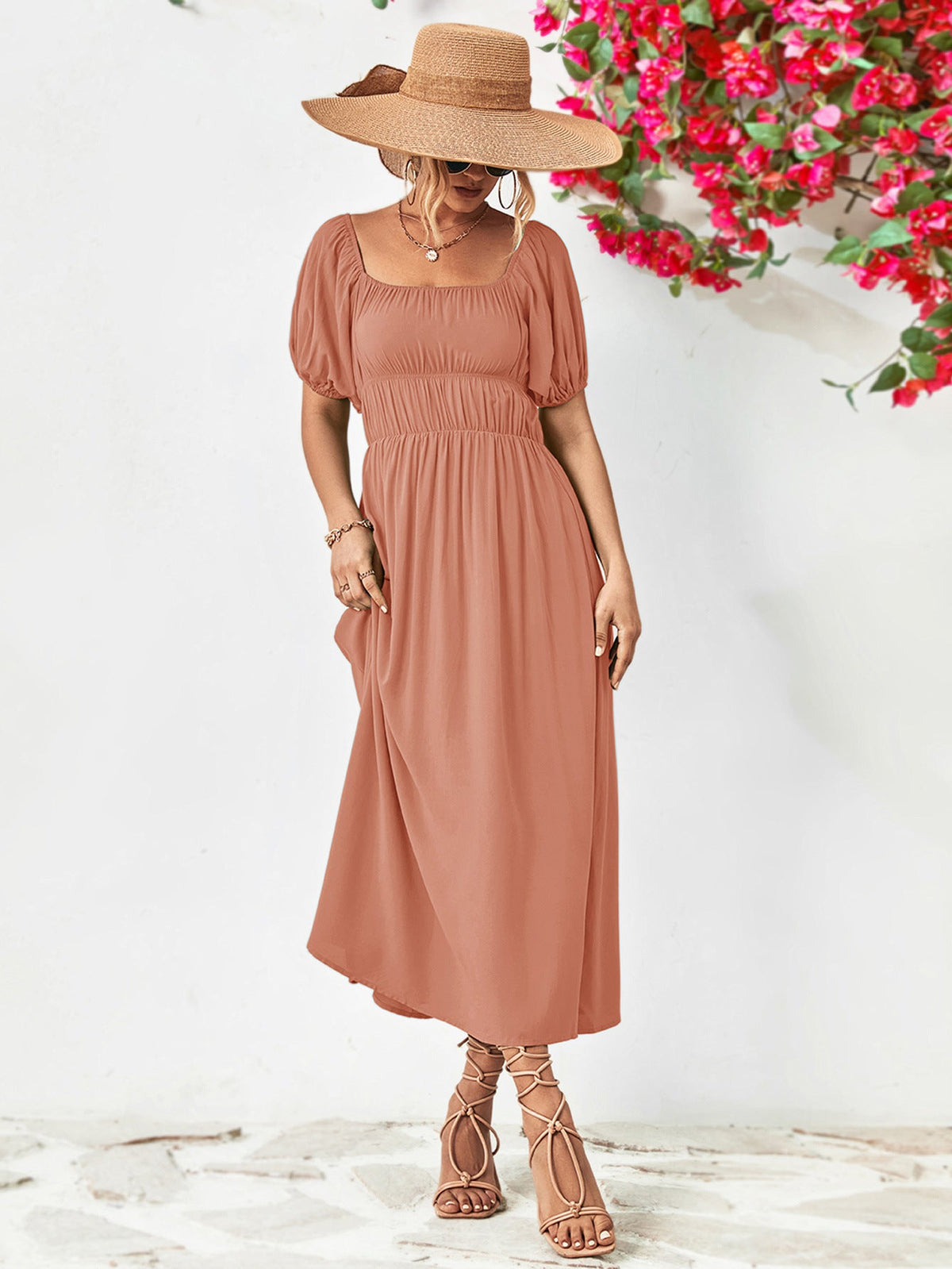 Off-shoulder balloon sleeve midi dress in solid color with chic a-line hem and puff sleeves.