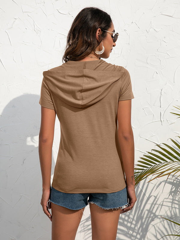 Half-Zip Short Sleeve Hooded Top-Teresa's Fashionista LLC