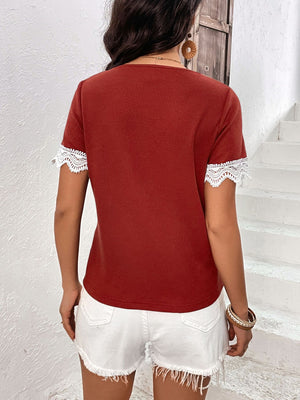 Decorative Button Spliced Lace Short Sleeve Top-Teresa's Fashionista LLC