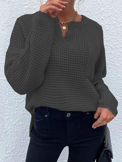 Notched Long Sleeve Sweater-Teresa&#39;s Fashionista LLC