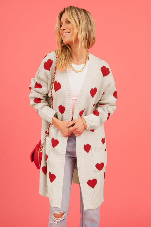 Heart Graphic Open Front Cardigan with Pockets-Teresa's Fashionista LLC