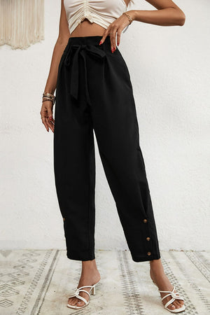 Buttoned Tie-Waist Cropped Pants-Teresa's Fashionista LLC
