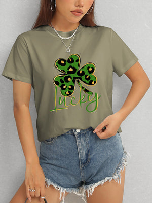 Lucky Clover Round Neck Short Sleeve T-Shirt-Teresa's Fashionista LLC